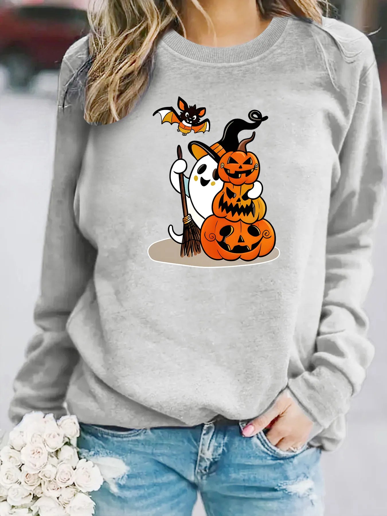 Halloween Ghost Pumpkin Bat Graphic Sweatshirt