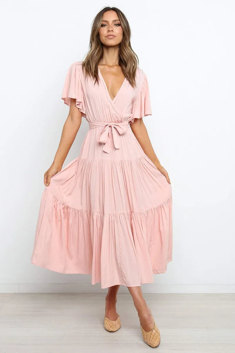 V Neck Flutter Short Sleeve Belted Tiered Maxi Swing Dress