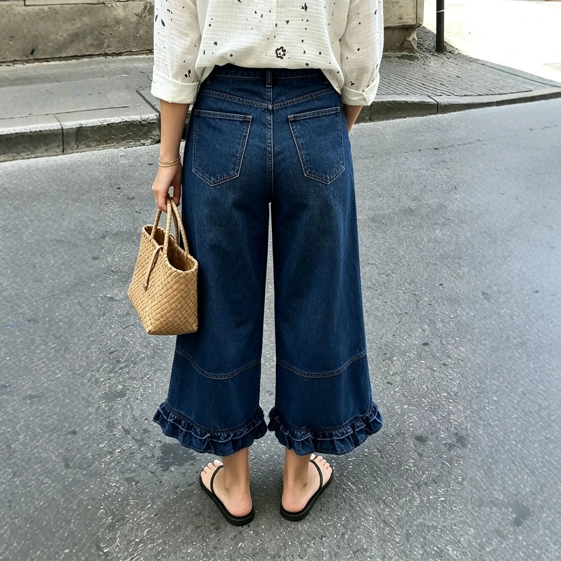 Halloween Ghost Pumpkin Ruffle Cropped Wide Leg Jeans