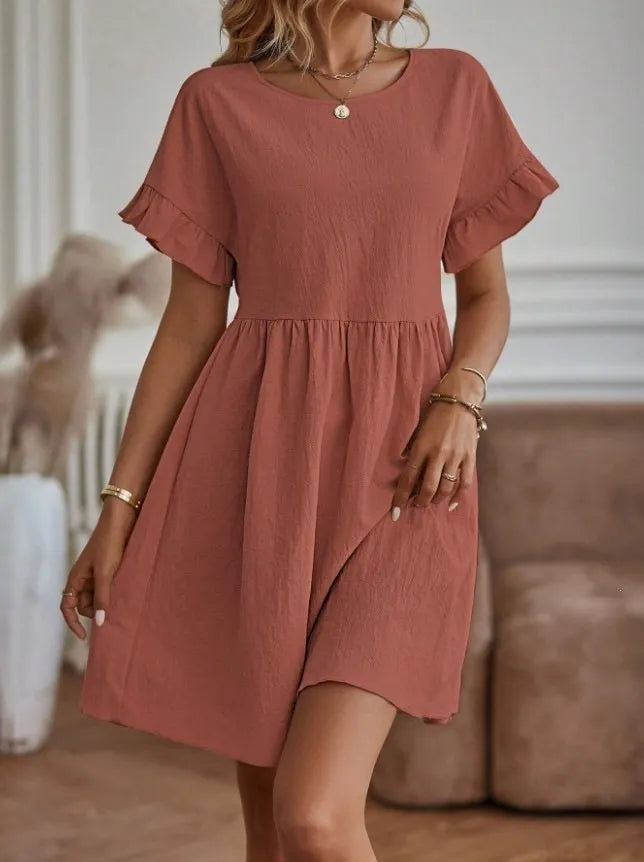 Crew Neck Ruffle Short Sleeve Mid Waist Loose A-Line Cotton Linen Mini Dress