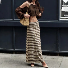 Striped Maxi Skirt, Drawstring Waist Casual Long A Line Skirt with Tassel
