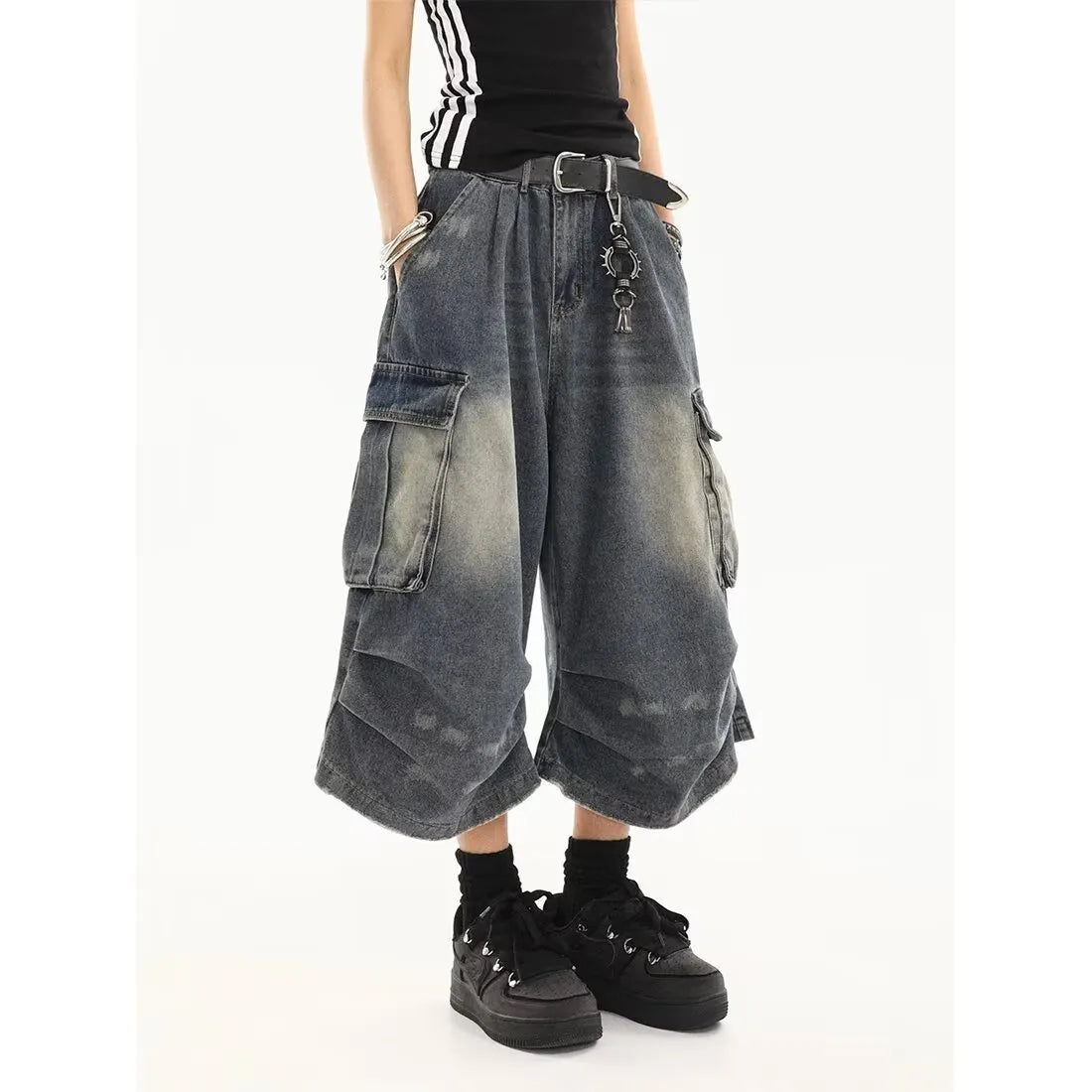Multi Cargo Pocket Gradient Washed Cropped Baggy Jeans