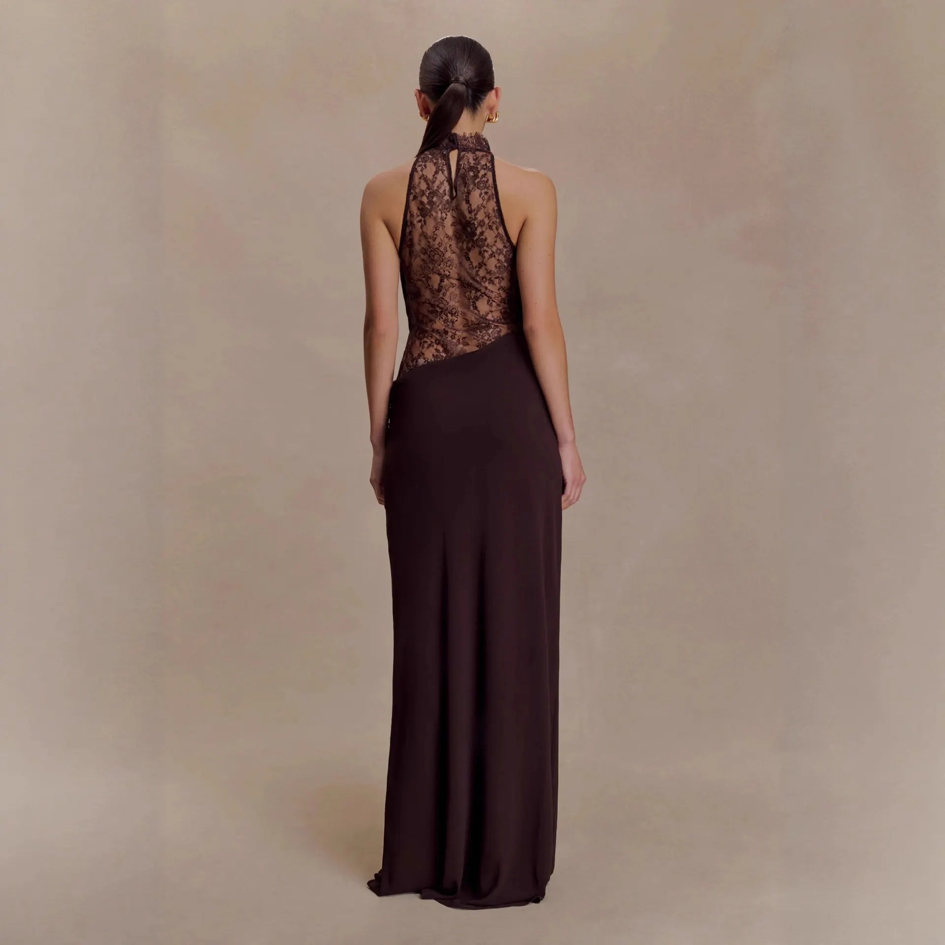 Chocolate Brown Halter Maxi Dress, Lace Cutout Backless Formal Gown