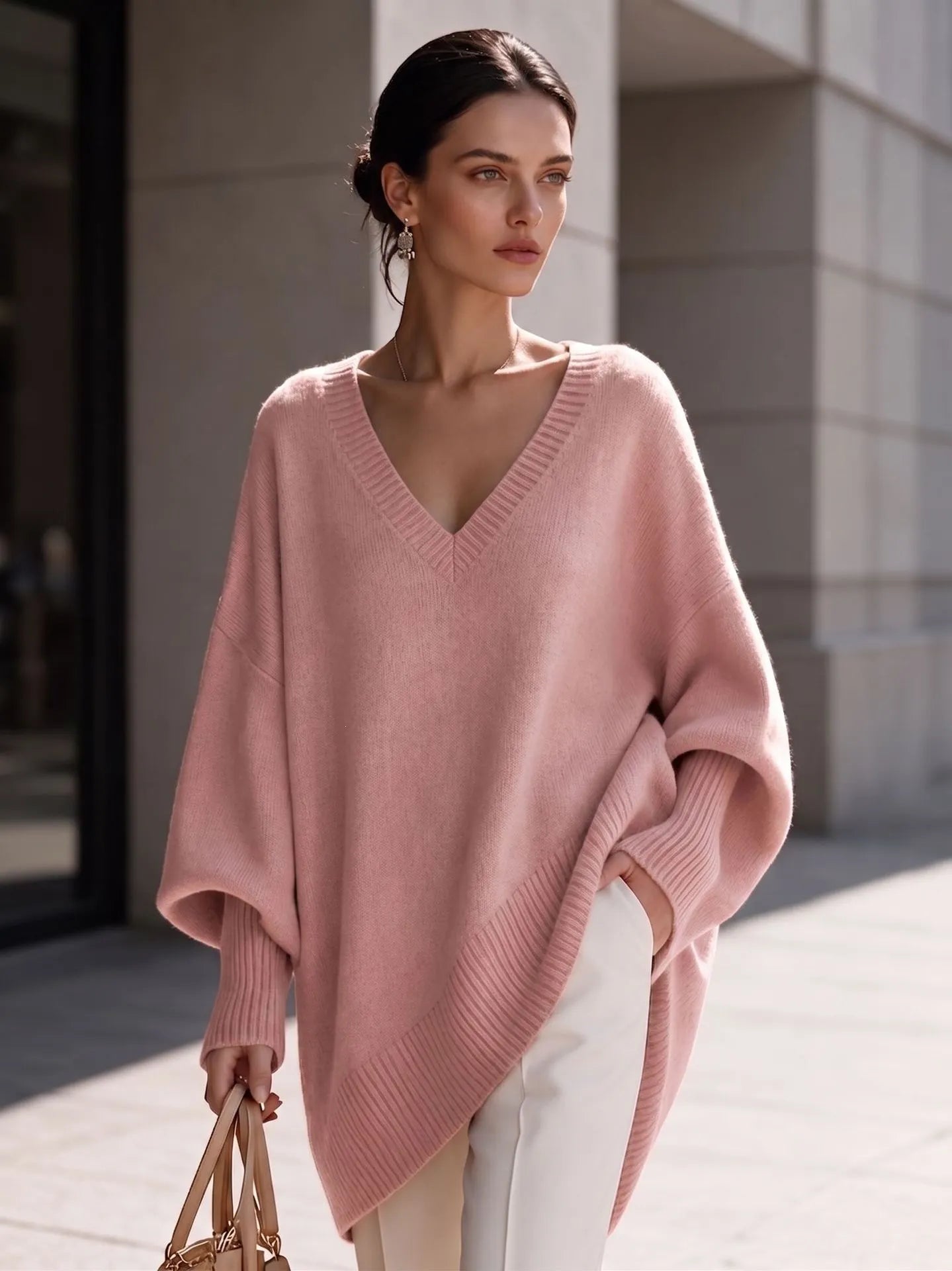 Dusty Pink Oversized V Neck Tunic Sweater, Batwing Long Sleeve Soft Knit Top