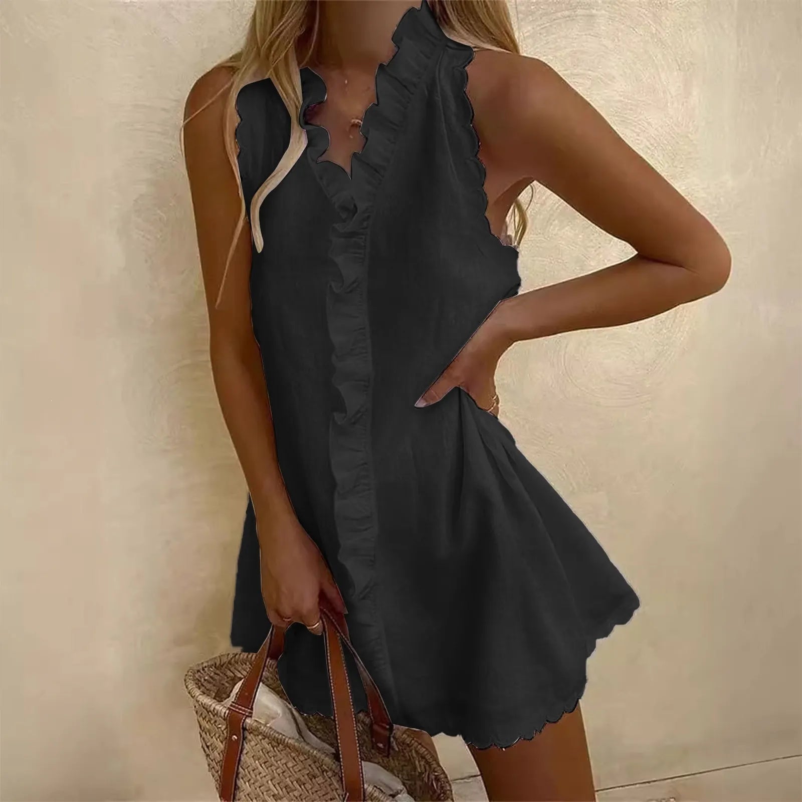 Sleeveless Ruffled Lotus Leaf V Neck Cotton Linen Mini Dress