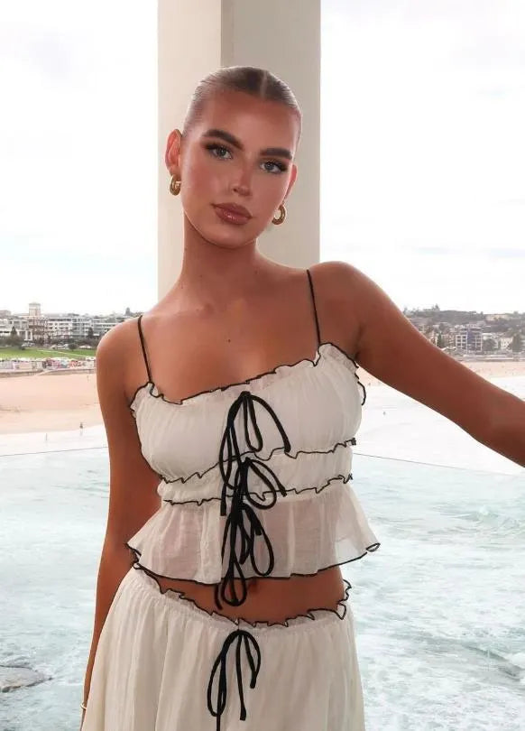 Cream Lace Trim Two-Piece Set, Ruffled Cami Top & Maxi Skirt