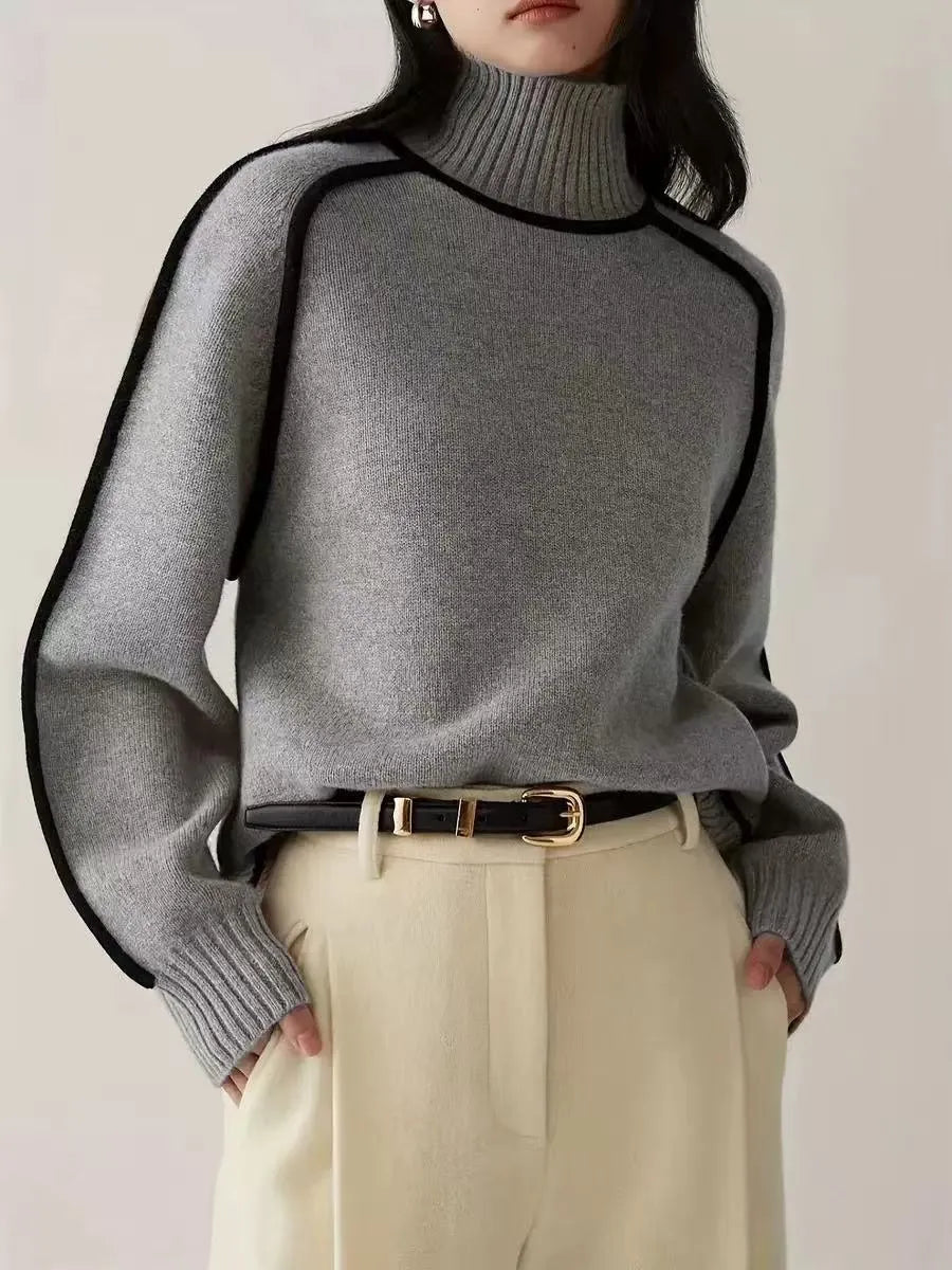 Contrast Trim High Neck Loose Pullover Sweater