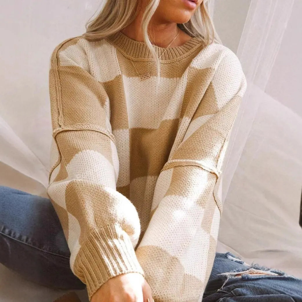 Checkerboard Color Block Crew Neck Loose Pullover Sweater