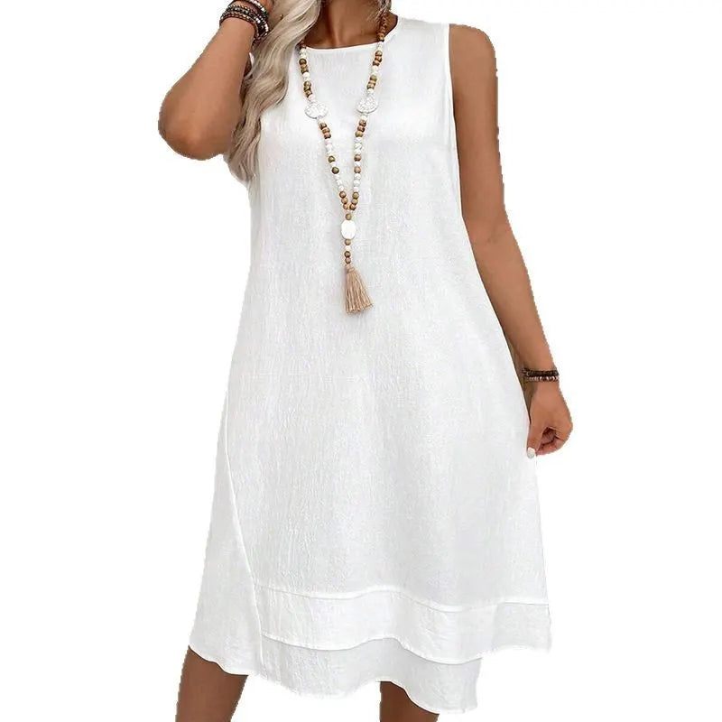 Round Neck Sleeveless Asymmetric Layer Hem Loose Linen Blend Casual Shift Dress