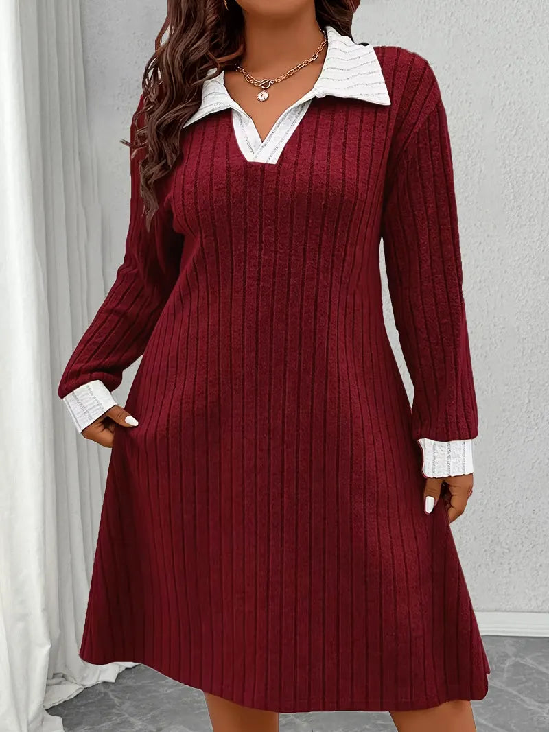 Contrast Collar Knit A-Line Dress