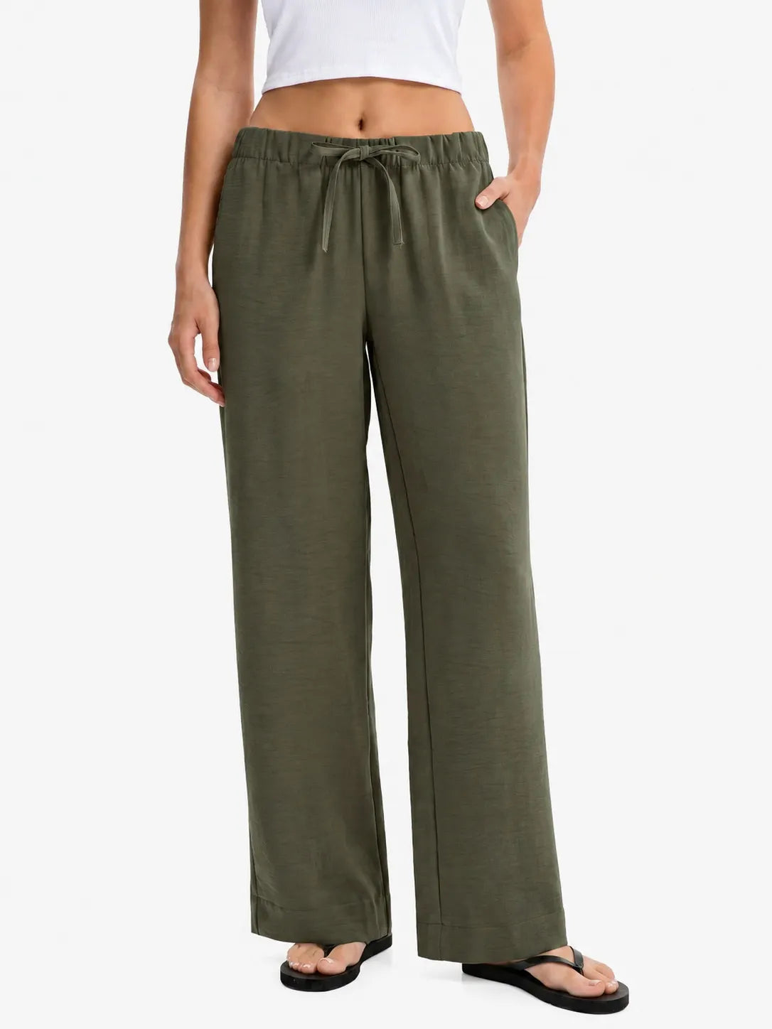 Drawstring Elastic Waist Wide Leg Casual Long Pants Solid Color Loose Trousers