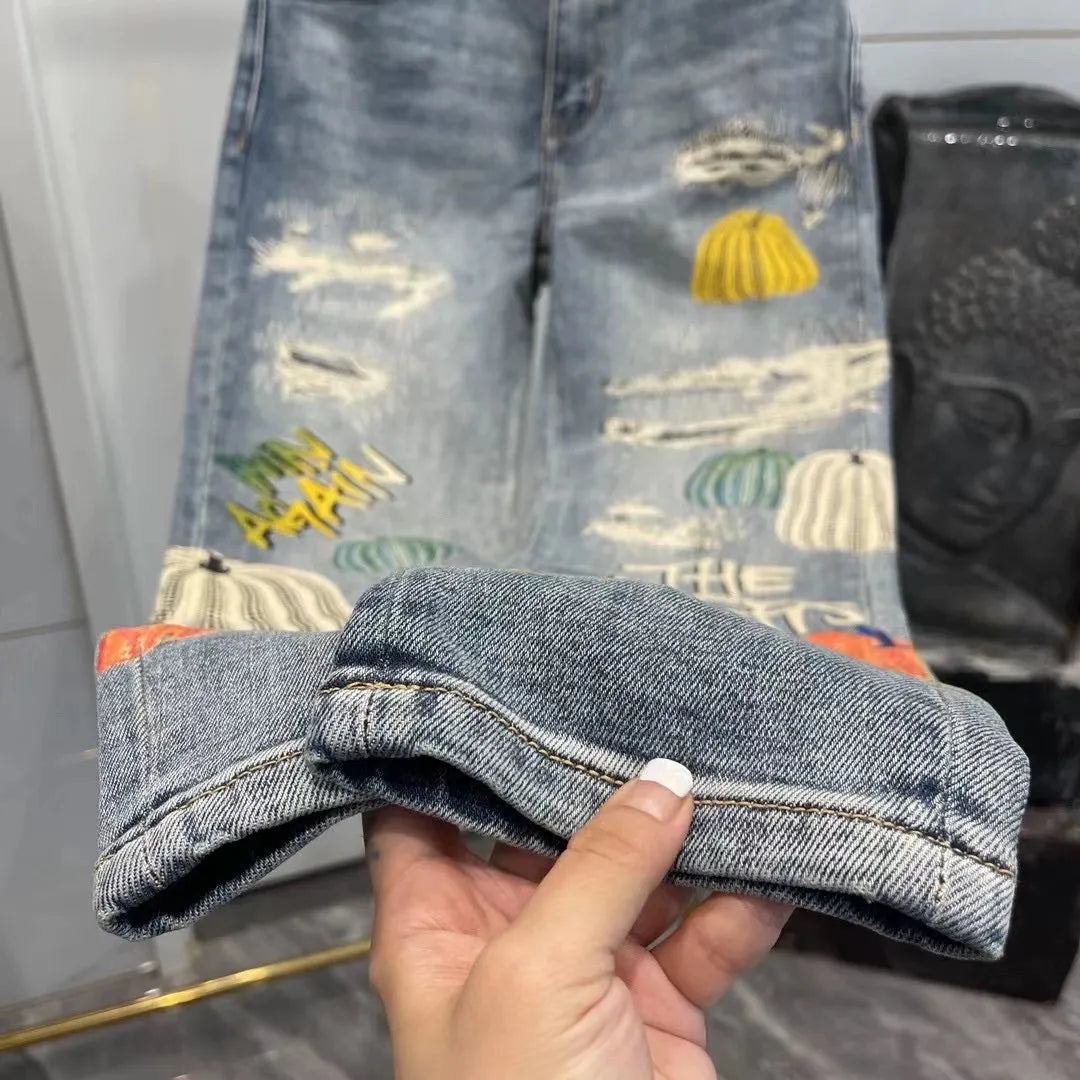 Colorful Pumpkin Print Distressed Skinny Jeans