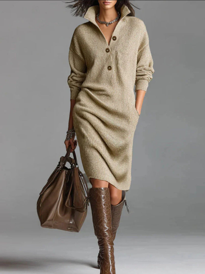 Collared Henley Button Front Loose Sweater Dress