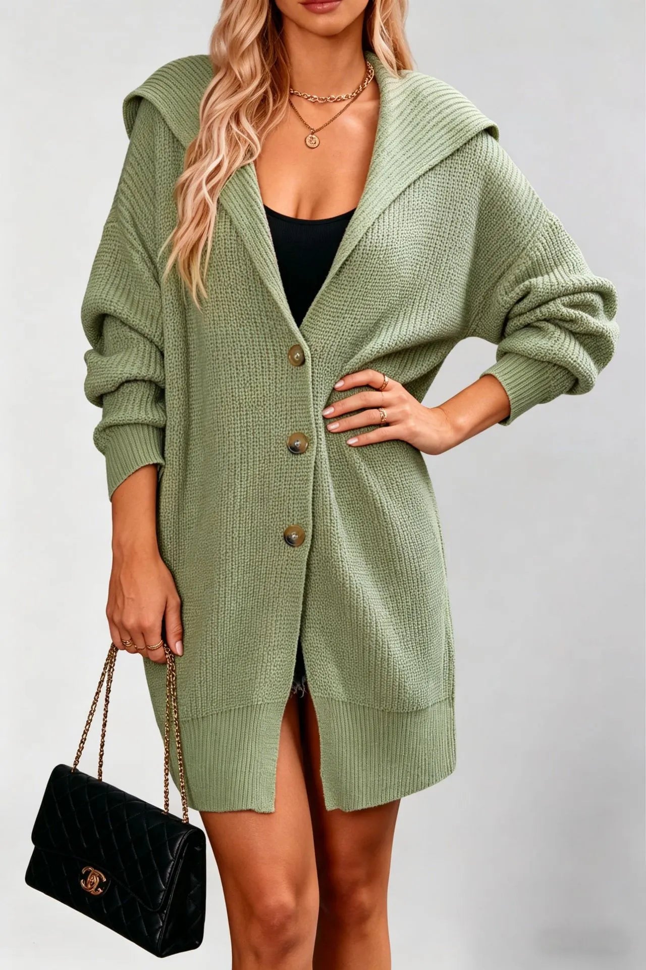 Waffle Knit Lapel Button Midi Pocket Cardigan Sweater