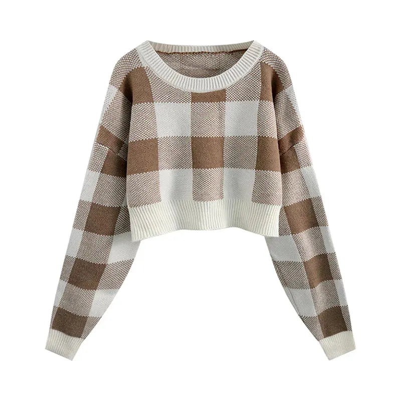 Pink White Plaid Round Neck Cropped Pullover Sweater