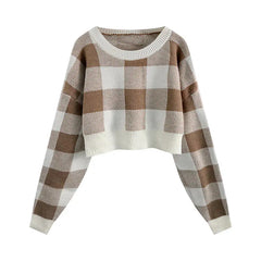 Pink White Plaid Round Neck Cropped Pullover Sweater