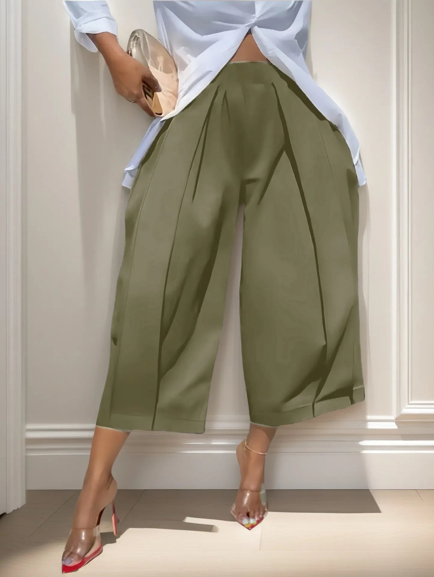 High Waist Front Pleated Cropped Wide Leg Pants
