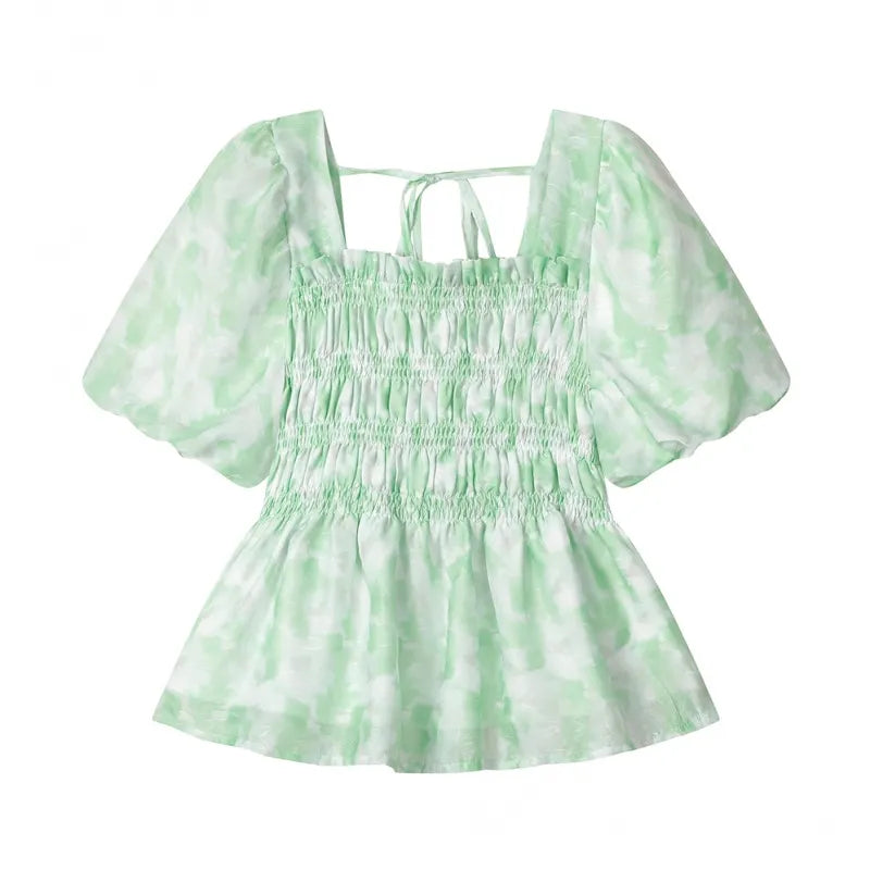 Tie-Dye Square Neck Puff Short Sleeve Peplum Top