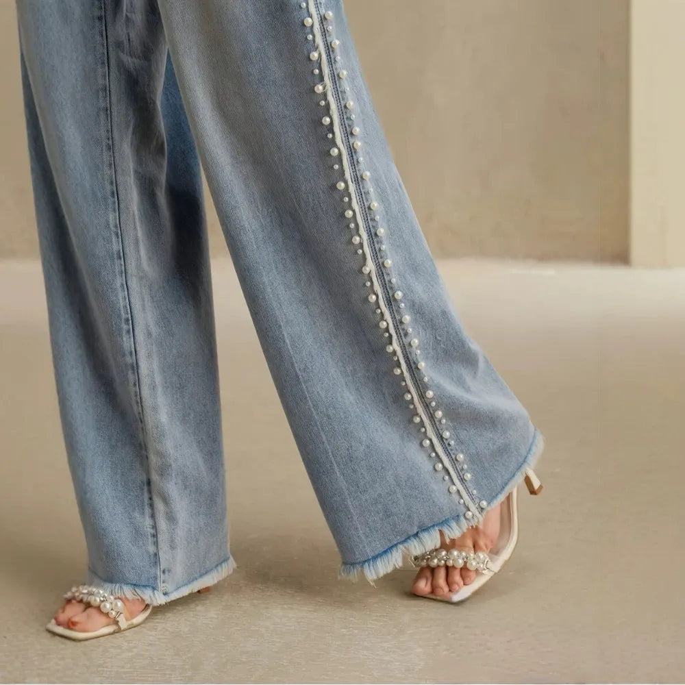Mid Waist Pearl Beaded Straight Leg Denim Jeans