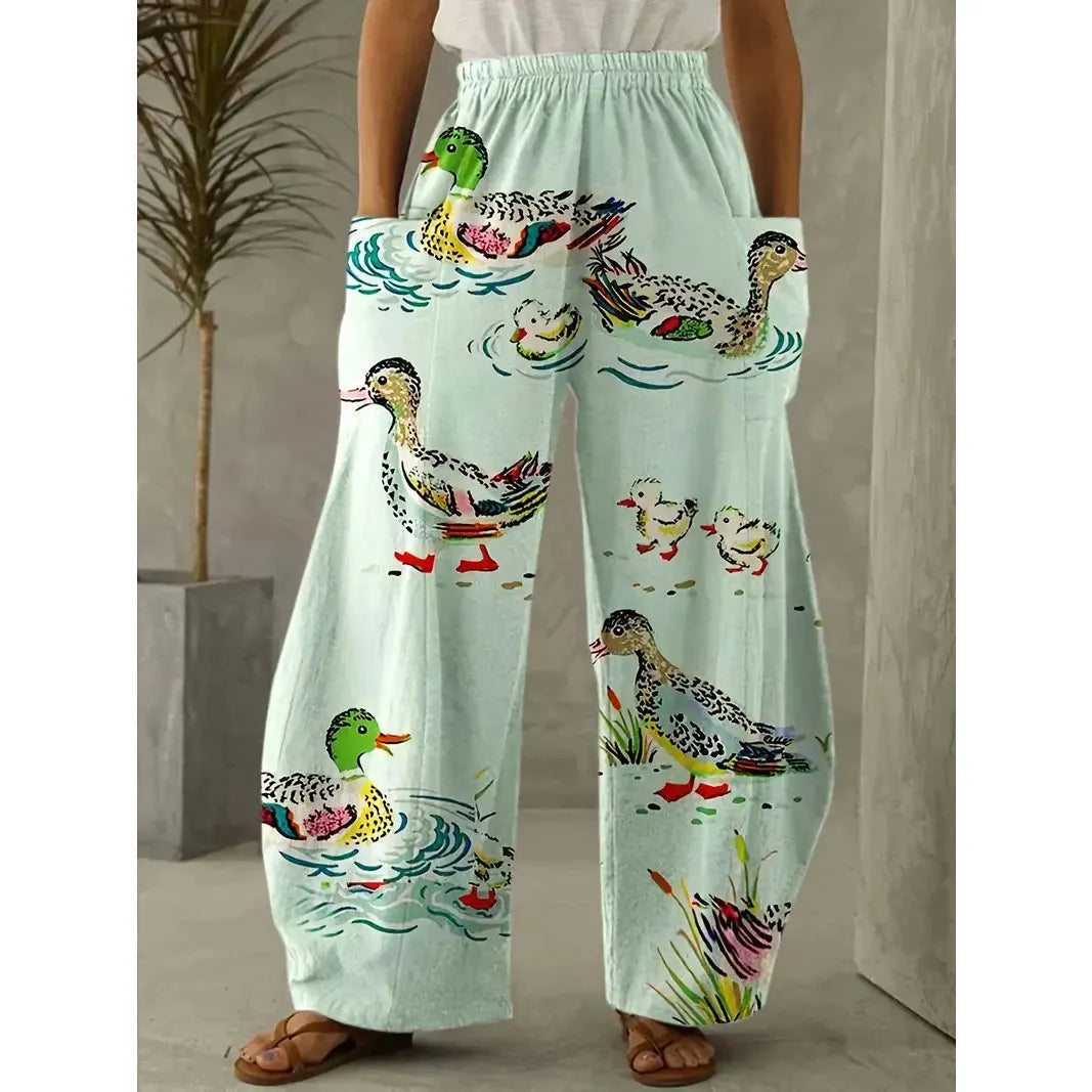 Printed Flare Work Pants | Mid Waist Doodle Heart Print Loose Wide Leg Casual Trousers