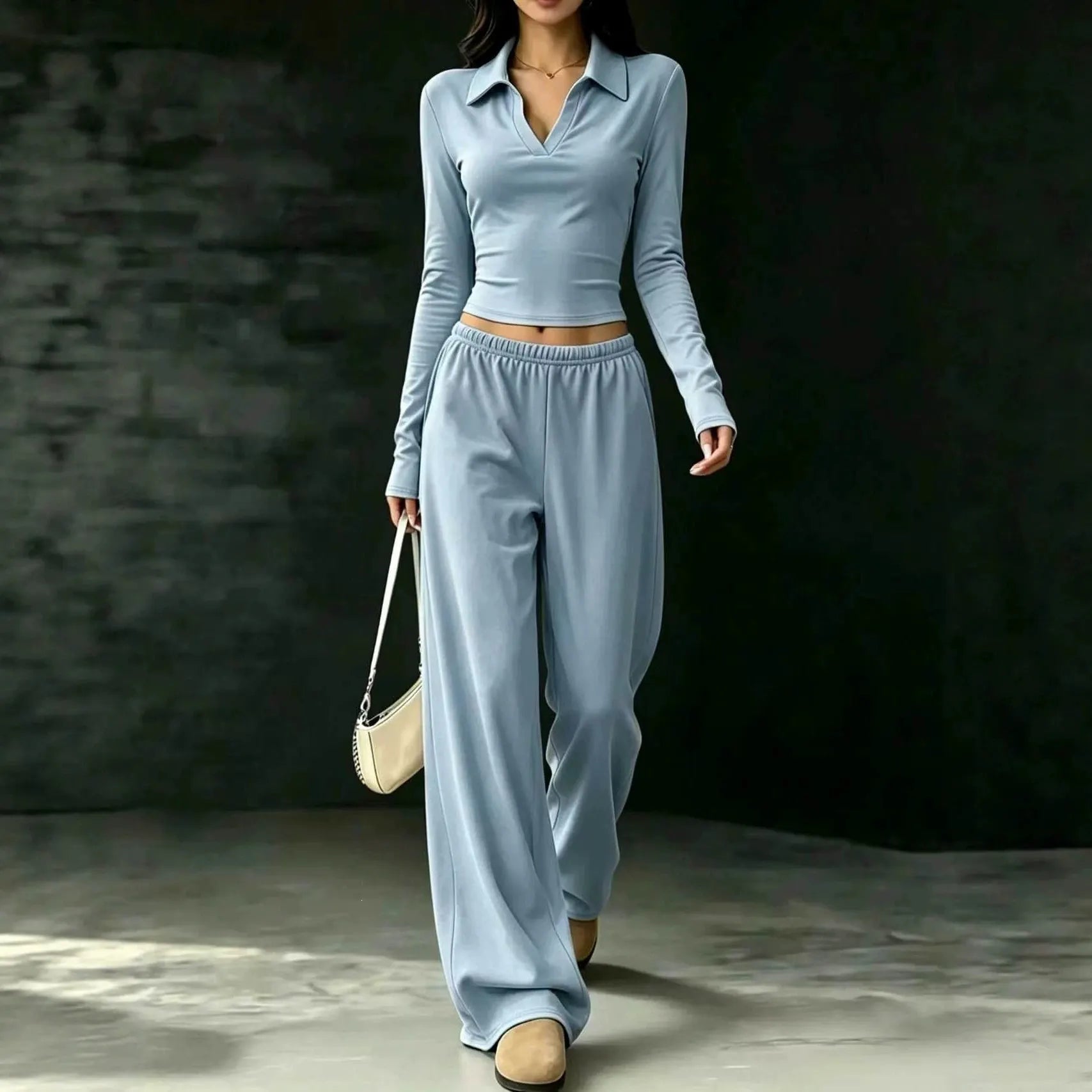 Black Polo V-neck Long Sleeve Crop Top & Elastic Waist Wide Leg Pants Two Piece Set