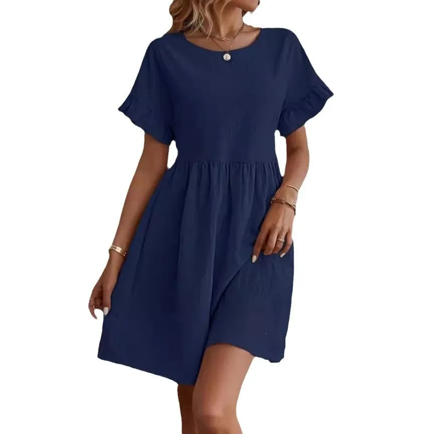Crew Neck Ruffle Short Sleeve Mid Waist Loose A-Line Cotton Linen Mini Dress
