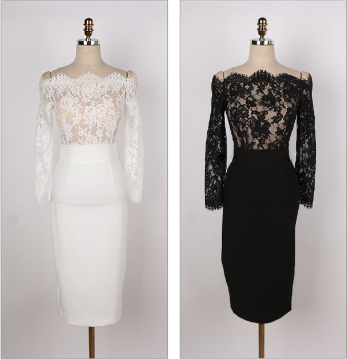 White Off-the-Shoulder Lace Midi Dress, Long Sleeve Bodycon Formal Cocktail Dress
