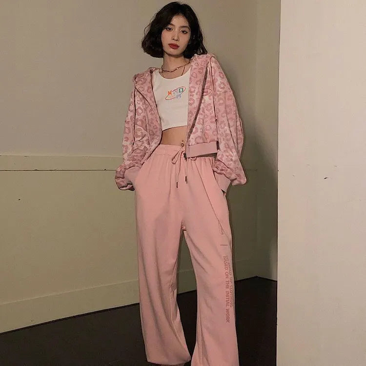 Y2K Pink Leopard Print Cropped Zip Up Hoodie Long Sleeve Crop Sweatshirt