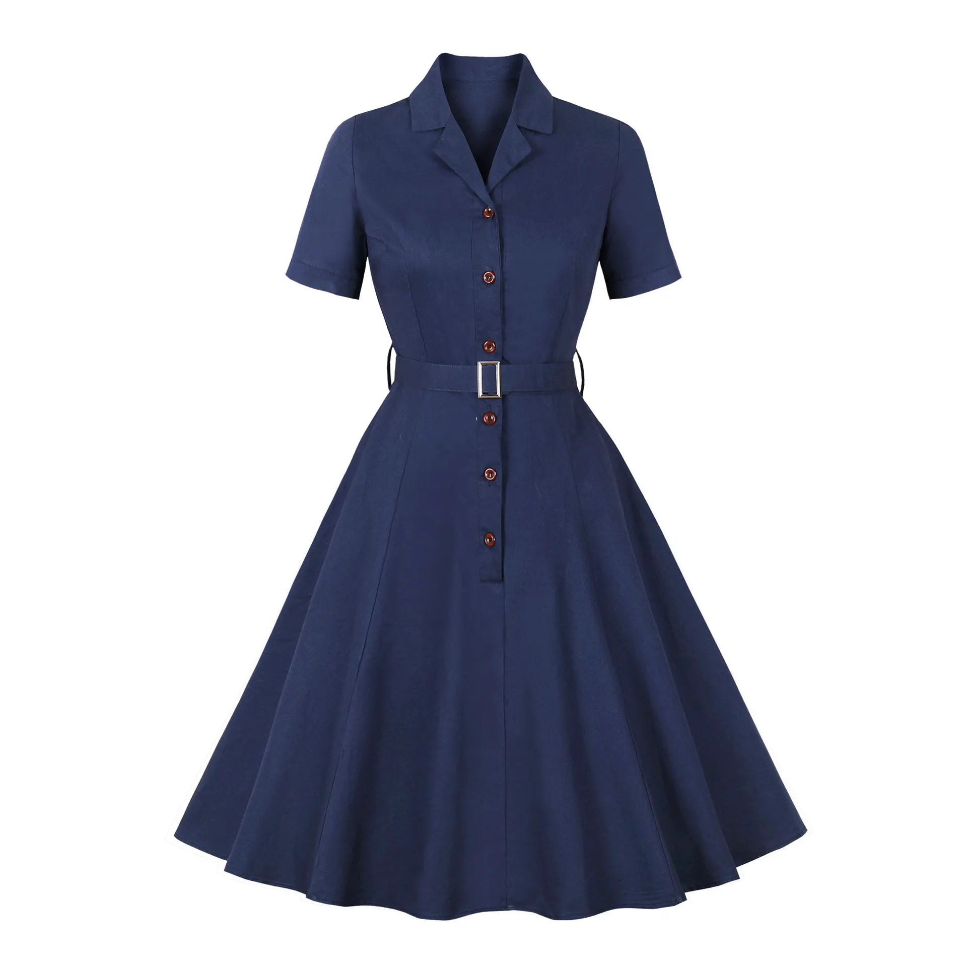 Lapel Short Sleeve Button Front Belted Vintage Swing Midi Dress