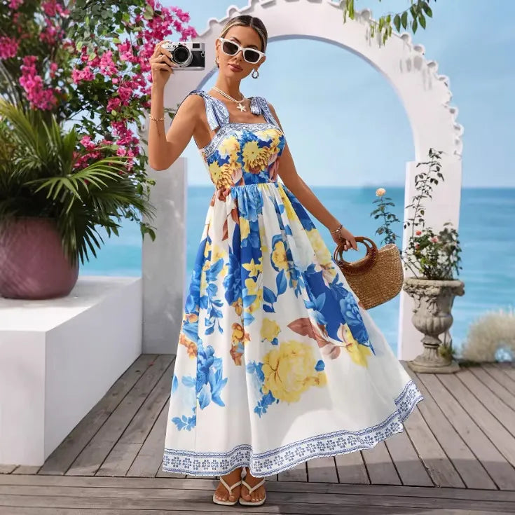 Tie Bow Spaghetti Strap Allover Mediterranean Floral Print Elastic Waist Flowy Midi Dress