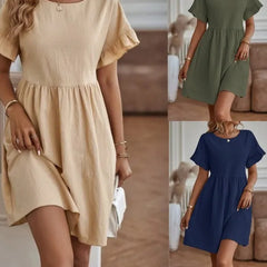 Crew Neck Ruffle Short Sleeve Mid Waist Loose A-Line Cotton Linen Mini Dress