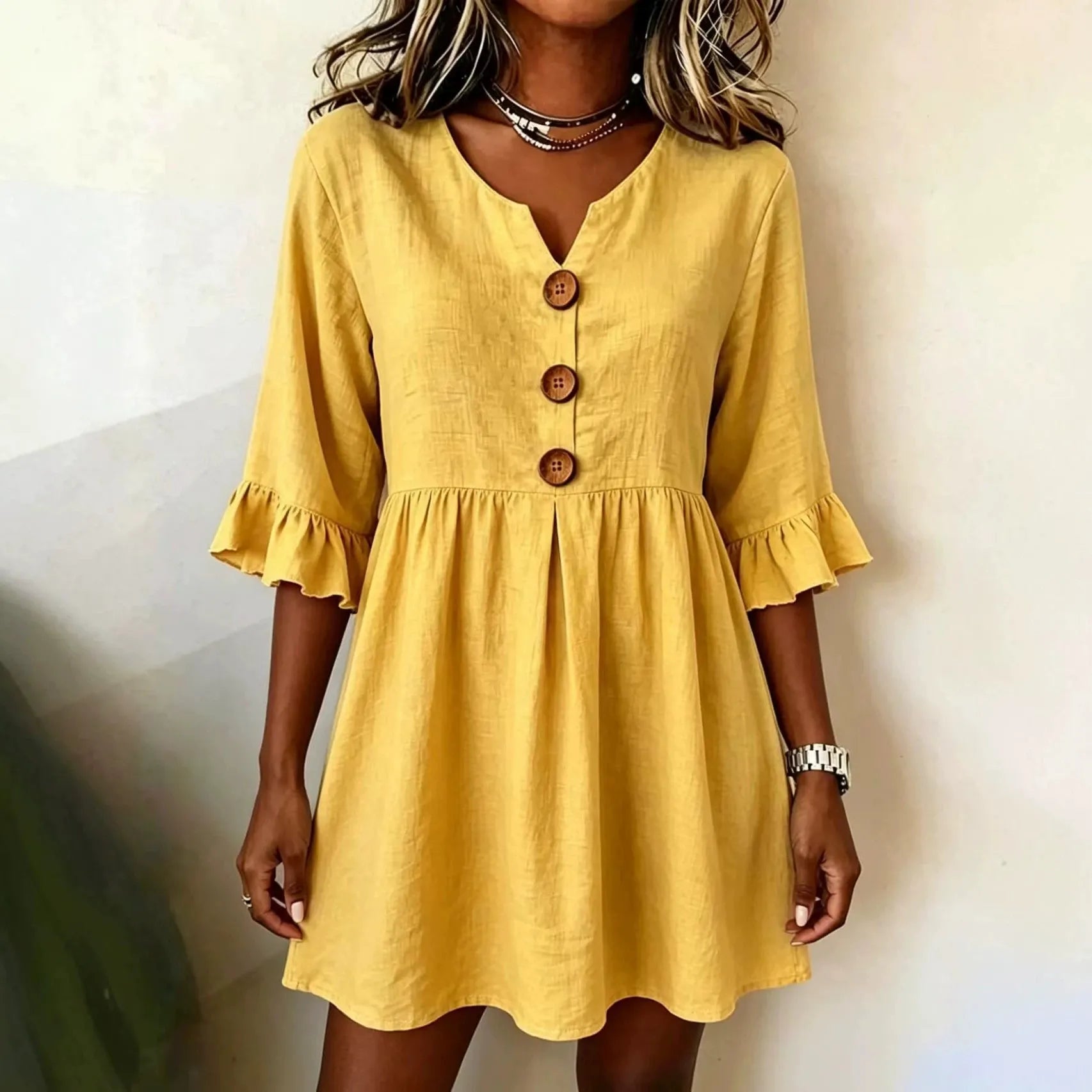 V-Neck Wooden Button Ruffle 3/4 Sleeve Loose Pleated Mini Dress
