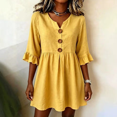 V-Neck Wooden Button Ruffle 3/4 Sleeve Loose Pleated Mini Dress