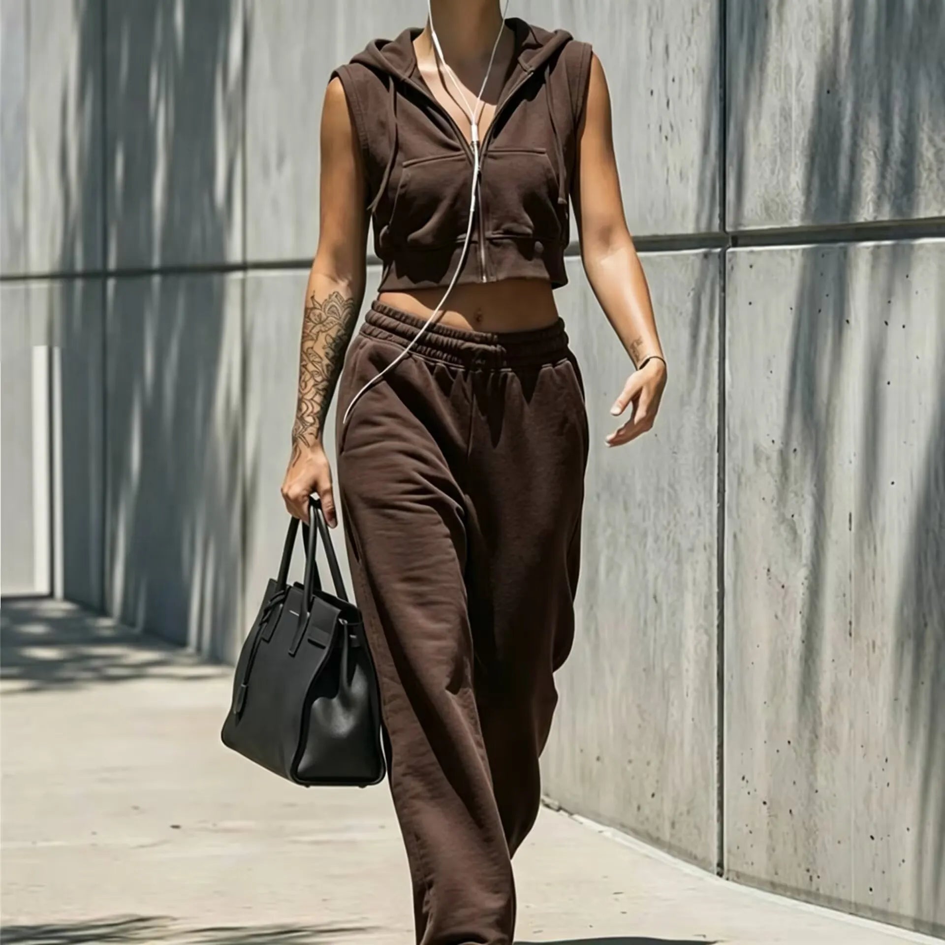 Sleeveless Zip Front Knit Vest & Elastic Waist Pants