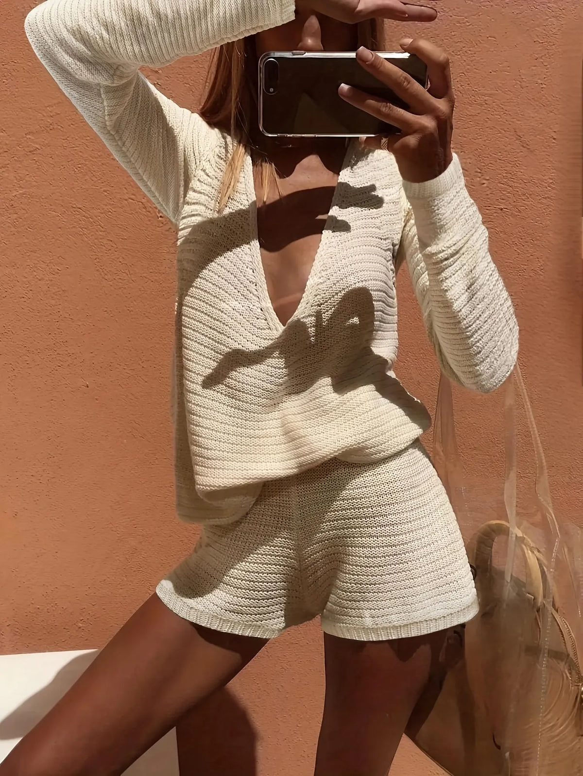Solid V Neck Knit Long Sleeve Top & Shorts Two Piece Set