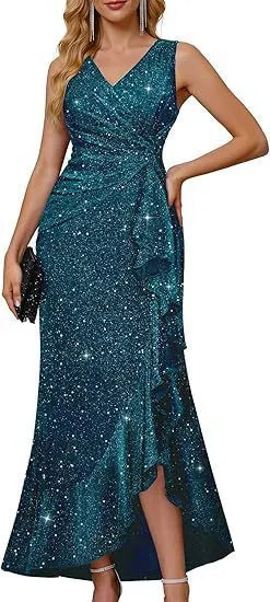 Sleeveless V Neck Sequin Maxi Dress, Ruched Ruffle Split Hem Formal Evening Gown