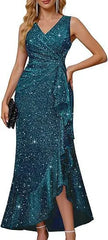 Sleeveless V Neck Sequin Maxi Dress, Ruched Ruffle Split Hem Formal Evening Gown
