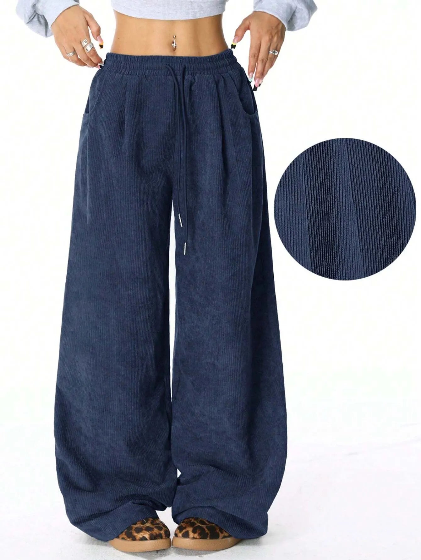 Corduroy Drawstring Loose Wide Leg Pants