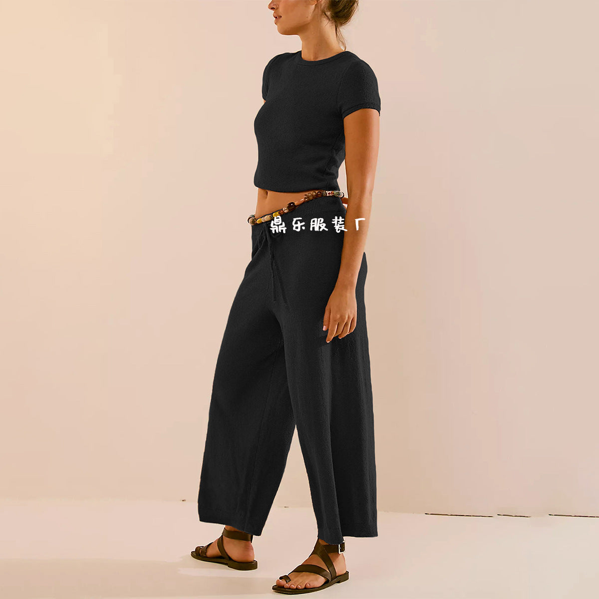 Beige Short-Sleeve Knit Top & Wide-Leg Pants Set