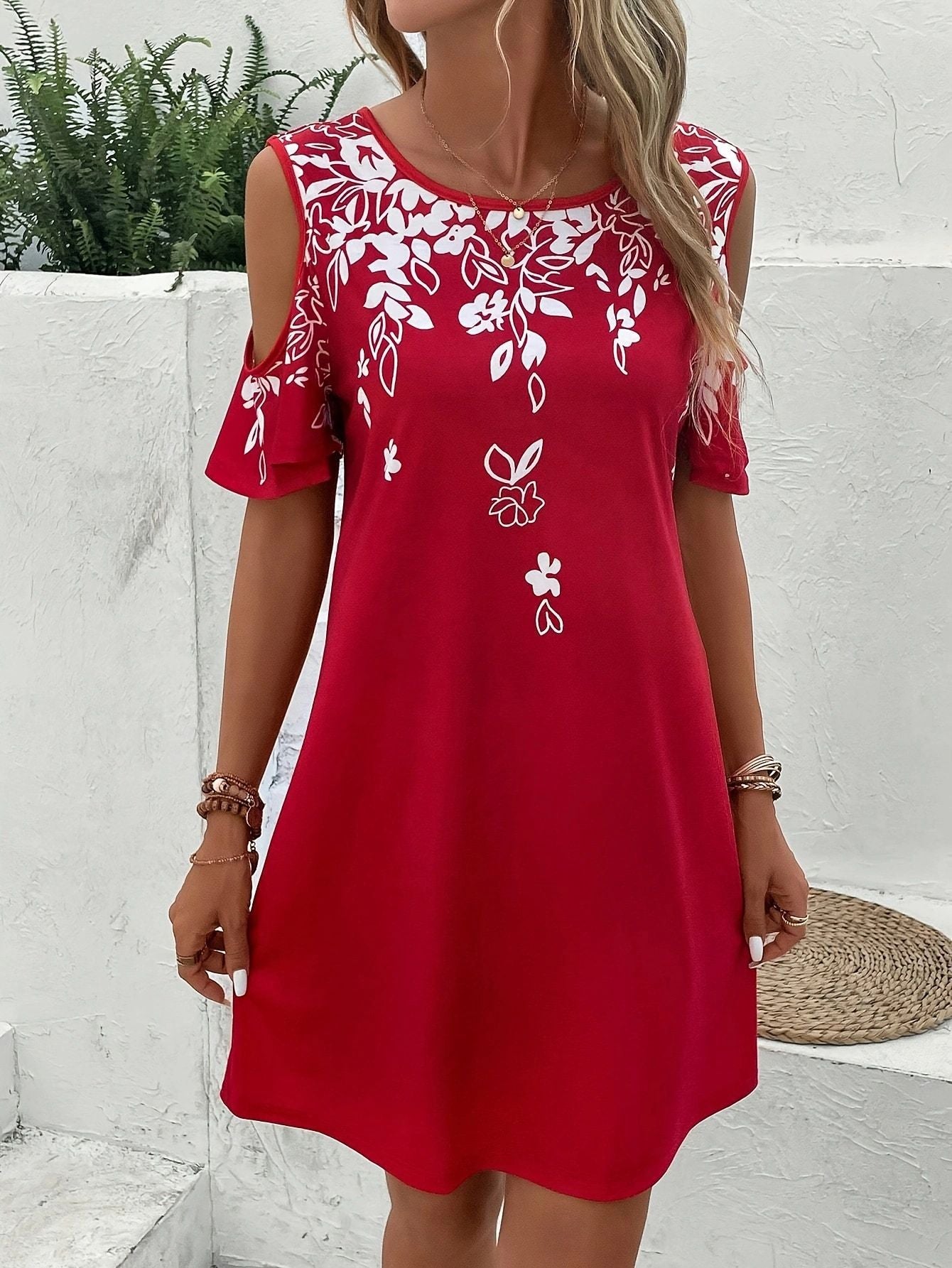 Navy Floral Print Cold Shoulder Shift Dress