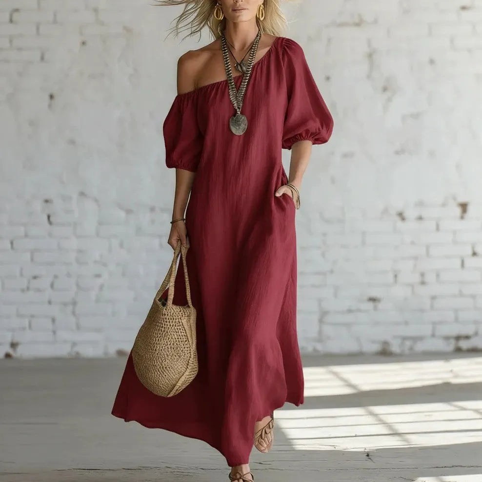 Solid Color Off Shoulder Puff Sleeve Pleated Midi Puffy Shirt Dress