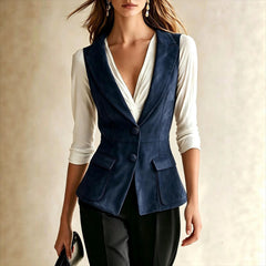 Black Fitted Blazer Vest, Sleeveless Notched Lapel Button Waistcoat for Office & Daily