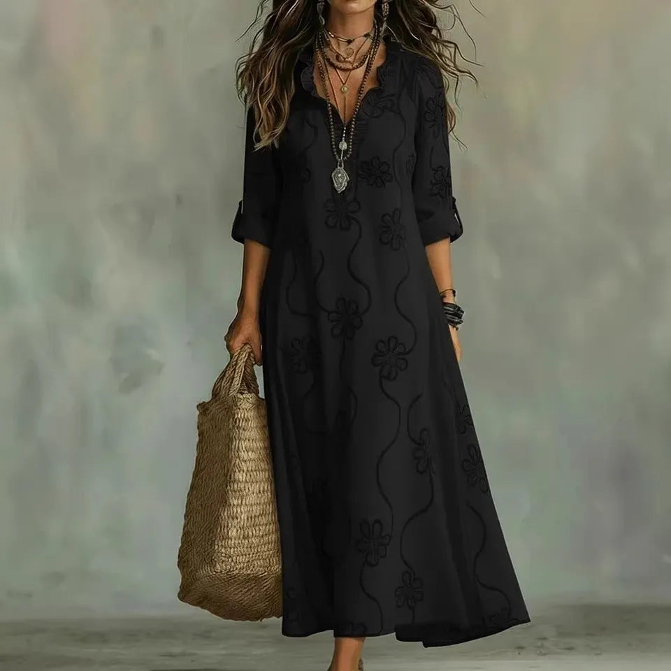 Solid Color Embroidered V-Neck Lantern Sleeve Loose Maxi Dress