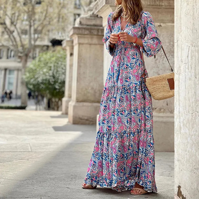 Paisley Print V-Neck Long Sleeve Drawstring Waist Maxi Dress