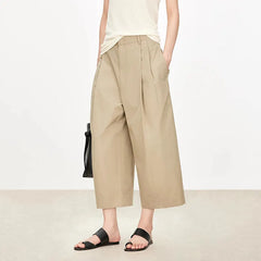 Mid Waist Pinch Pleats Loose Cropped Straight Commuter Casual Pants