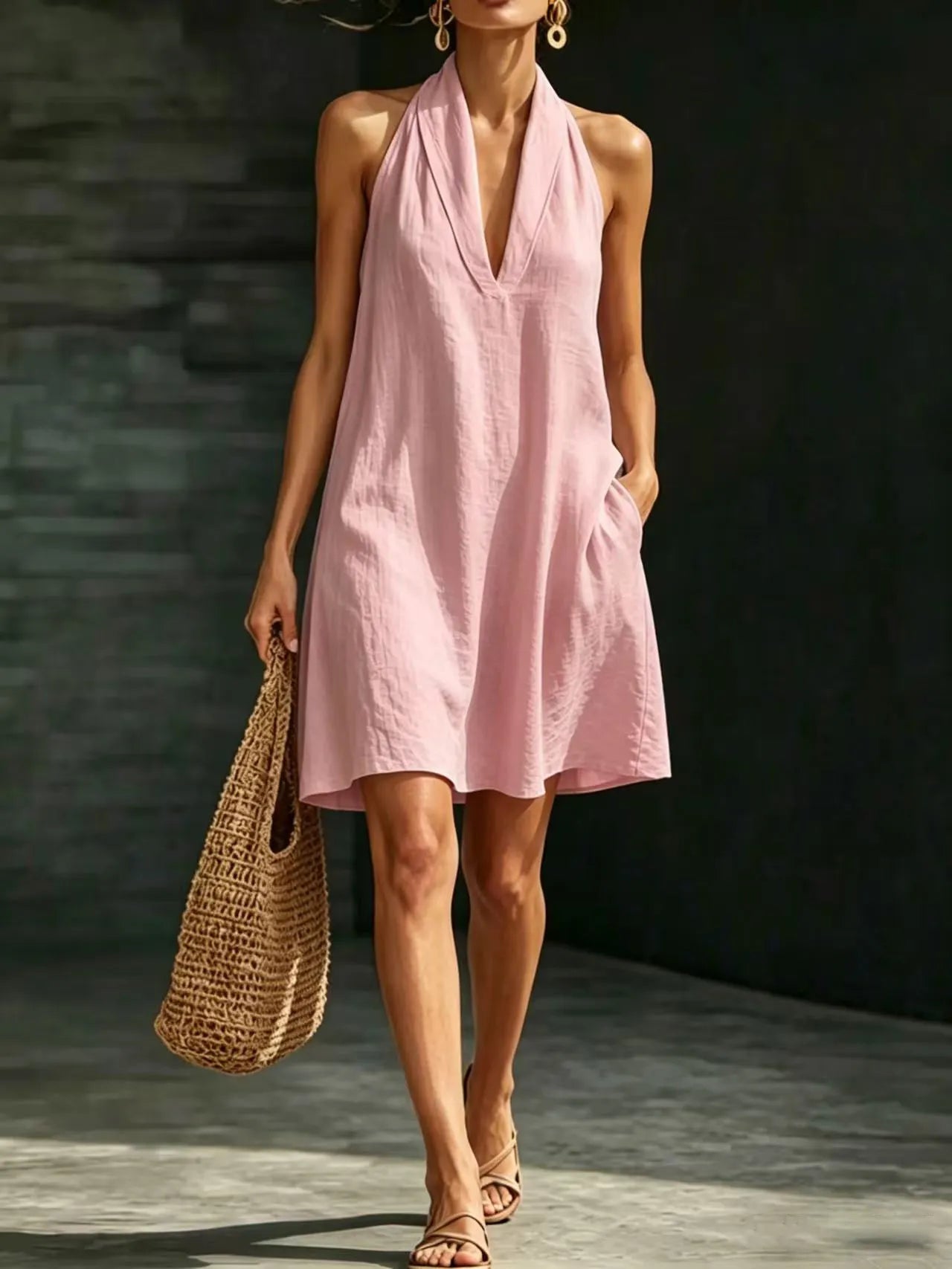 Halter V-Neck Sleeveless Loose A-Line Midi Dress