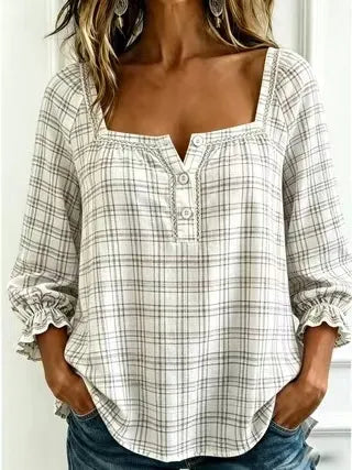 Plaid Square Neck Button Front Bubble 7/4 Sleeve Loose Casual Blouse