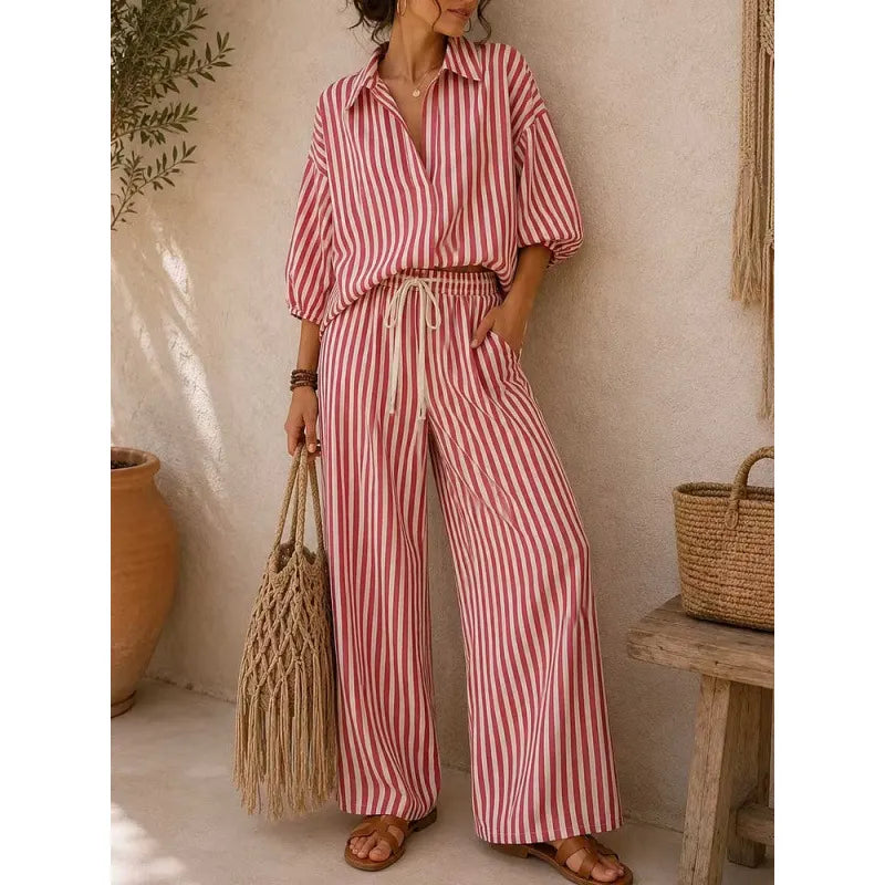 Vertical Stripe Lapel Shirt & Drawstring Wide Leg Pants