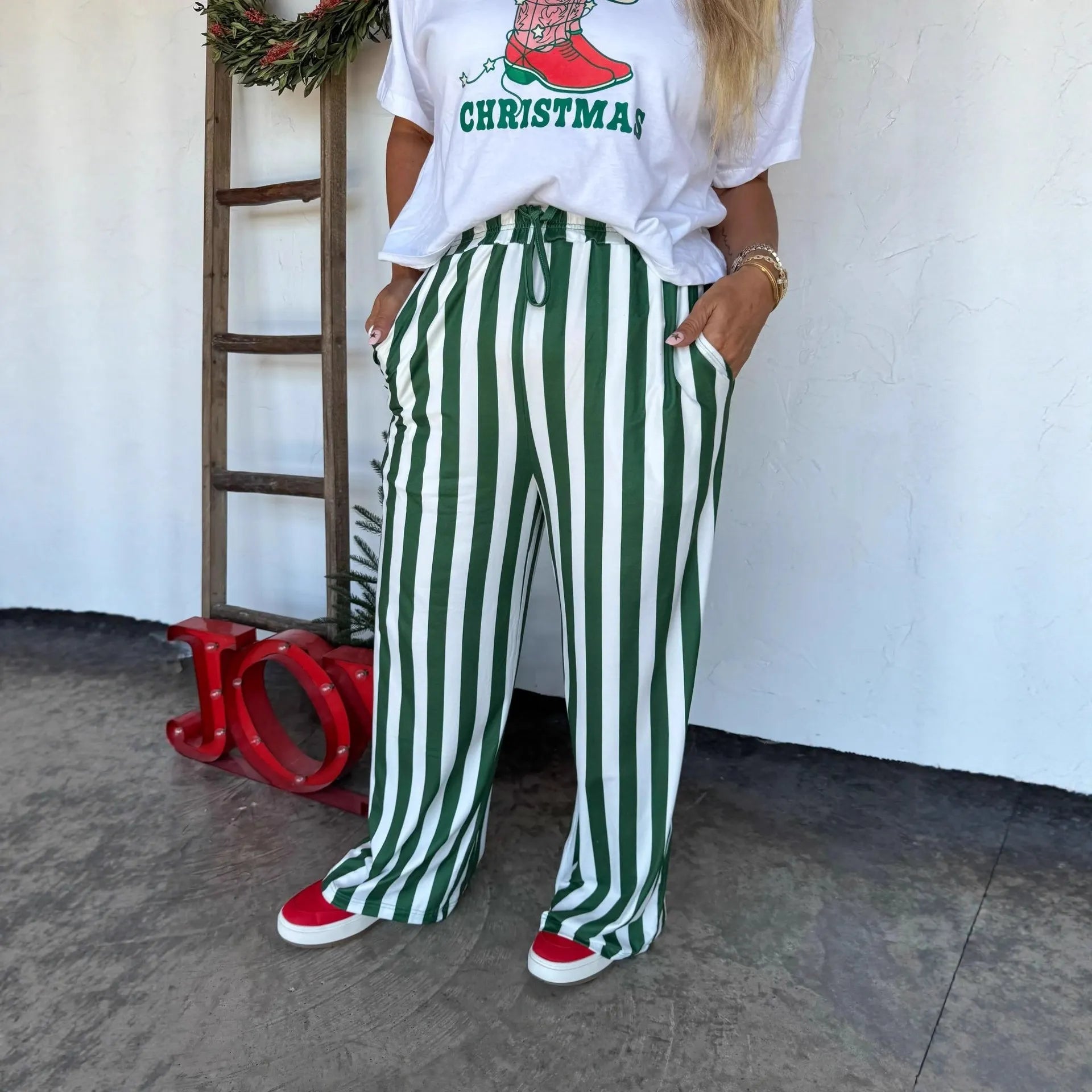 Vertical Stripe Drawstring Wide Leg Casual Pants