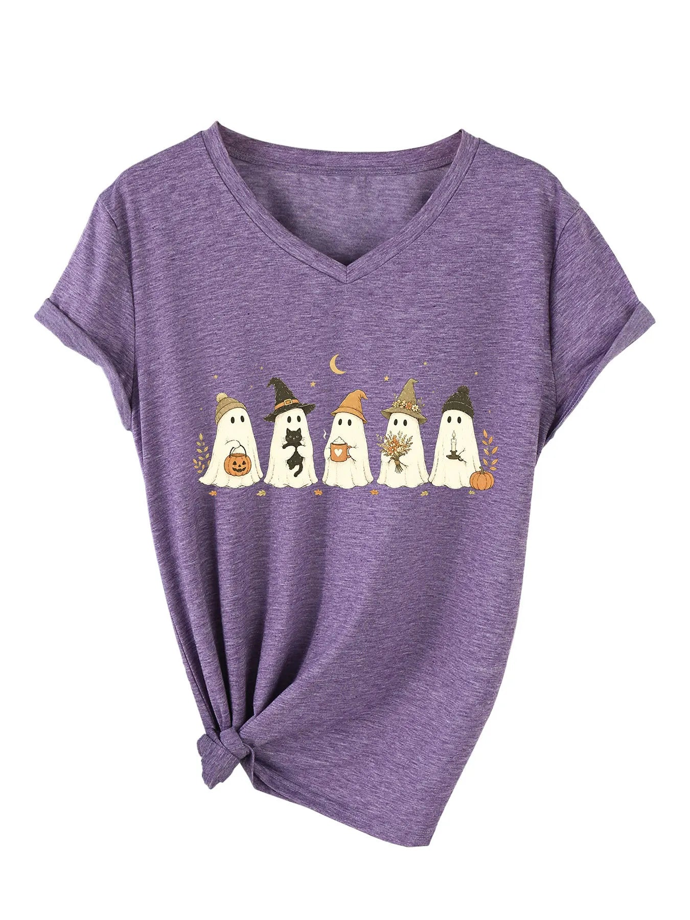 Cute Fall Ghosts Halloween V‑Neck T‑Shirt